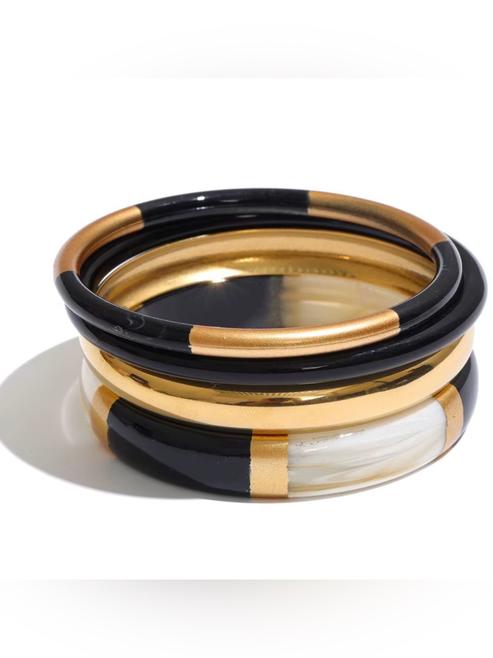 Black and Gold 18k Gold Plated Stainless Steel Resin Stackable Bangle Set